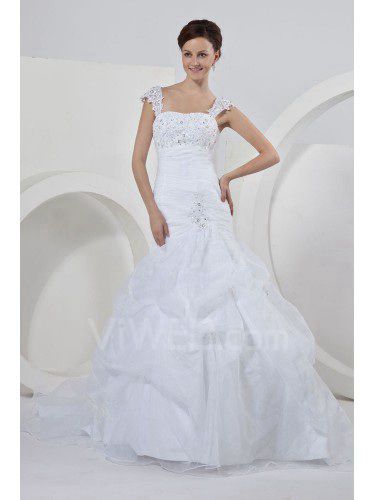 Satin and Organza Square Court Train Ball Gown Wedding Dress with Embroidered