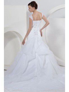 Satin and Organza Square Court Train Ball Gown Wedding Dress with Embroidered