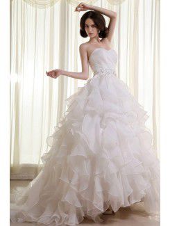 Organza Sweetheart Cathedral Train Ball Gown Wedding Dress with Beading and Ruffle