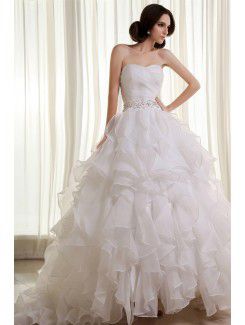 Organza Sweetheart Cathedral Train Ball Gown Wedding Dress with Beading and Ruffle