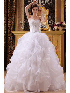 Satén y pelota novia piso-longitud vestido de novia vestido de organza con abalorios y acanalada