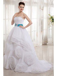 Organza Sweetheart Court Train Ball Gown Wedding Dress with Embroidered