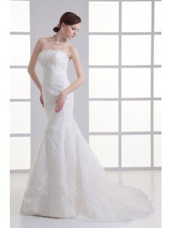Satin and Net Strapless Mermaid Sweep train Embroidered Wedding Dress