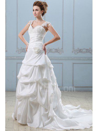 Taffeta and Lace Sweetheart Chapel Train Ball Gown Wedding Dress with Embroidered