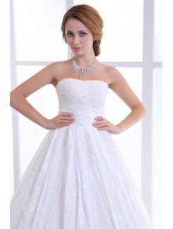 Satin Strapless Cathedral Train A-Line Wedding Dress with Beading and Pleat