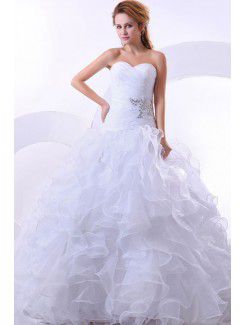 Organza Sweetheart Chapel Train Ball Gown Wedding Dress with Rhinestones and Ruched