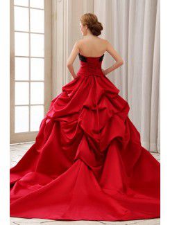 Satin and Lace Strapless Chapel Train Ball Gown Wedding Dress with Ruffle