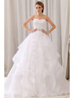 Organza and Lace Sweetheart Court Train Ball Gown Wedding Dress