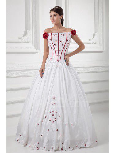 Bola vestido de cetim strapless chão comprimento bordado e hand-made flores vestido de noiva