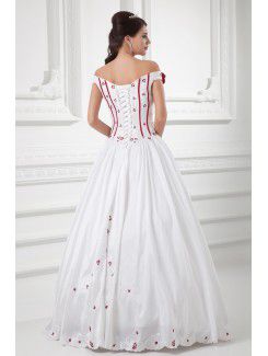 Satin Strapless Ball Gown Floor Length Embroidered and Hand-made Flowers Wedding Dress