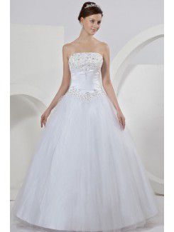 Tulle Strapless Chapel Train Ball Gown Wedding Dress with Embroidered