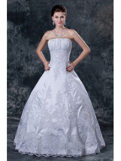 Satin axelbandslös golv längd balklänning bröllopsklänning med beading och rufsa