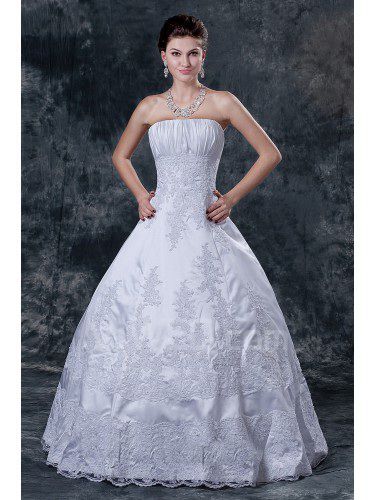 Satin axelbandslös golv längd balklänning bröllopsklänning med beading och rufsa