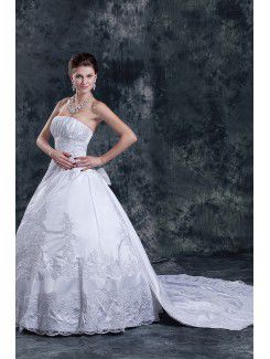 Satin Strapless Floor Length Ball Gown Wedding Dress with Beading and Ruffle