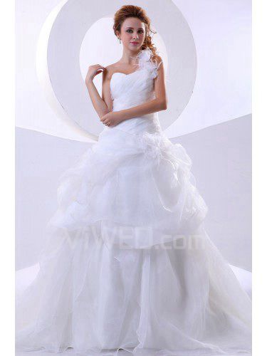 Organza One-Shoulder Court Train Ball Gown Wedding Dress