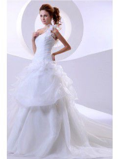 Organza One-Shoulder Court Train Ball Gown Wedding Dress