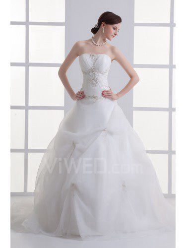 Organza suknia bez ramiączek długość podłogi haftowane suknia ślubna