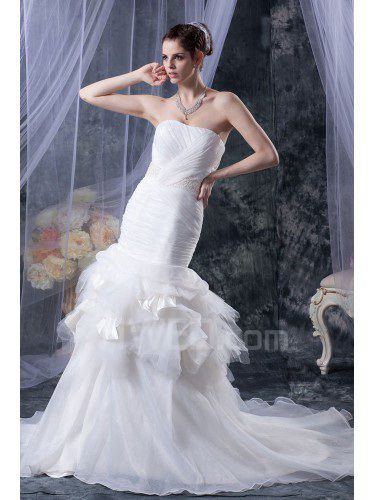 Tulle Satin Strapless Cathedral Train Mermaid Wedding Dress with Sequins Ruffle