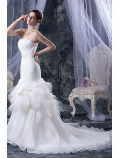 Tulle Satin Strapless Cathedral Train Mermaid Wedding Dress with Sequins Ruffle