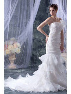 Organza Strapless Court Train Mermaid Wedding Dress with Ruffle Hand-made Flower