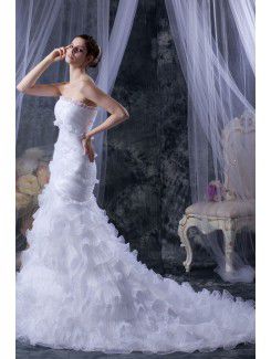 Satin and Tulle Strapless Cathedral Train Mermaid Wedding Dress with Ruffle
