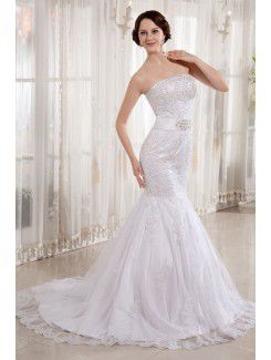 Lace Satin Strapless Court Train Mermaid Wedding Dress