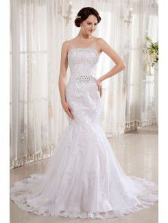 Lace Satin Strapless Court Train Mermaid Wedding Dress