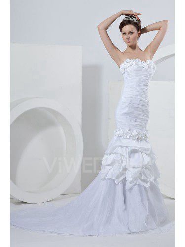 Taffeta Strapless Court Train Mermaid Wedding Dress with Flowers