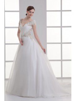 Organza V-Neckline Ball Gown Sweep Train Embroidered Wedding Dress