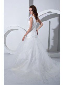 Satin Tulle One-Shoulder Sweep Train Mermaid Wedding Dress with Ruffle
