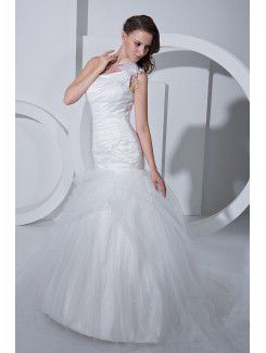 Satin Tulle One-Shoulder Sweep Train Mermaid Wedding Dress with Ruffle
