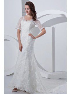 Satin V-Neck Court Train Sheath Wedding Dress with Lace and Short Sleeves