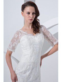 Satin V-Neck Court Train Sheath Wedding Dress with Lace and Short Sleeves