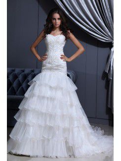 Organza Sweetheart Chapel Train Mermaid Wedding Dress with Embroidered and Ruffle