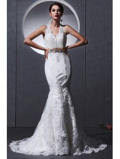 Lace and charmeuse Halter Chapel Train Mermaid Wedding Dress with Embroidered