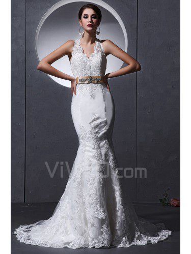 Lace and charmeuse Halter Chapel Train Mermaid Wedding Dress with Embroidered