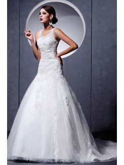 Satin and Lace Scoop Cathedral Train Ball Gown Wedding Dress with Embroidered