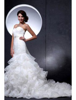Satin and Lace Sweetheart Court Train Mermaid Wedding Dress with Crystals