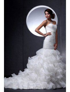 Satin and Lace Sweetheart Court Train Mermaid Wedding Dress with Crystals