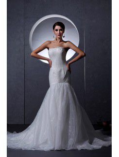 Organza Satin Strapless Chapel Train Mermaid Wedding Dress with Embroidered