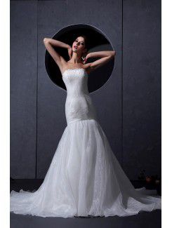 Organza Satin Strapless Chapel Train Mermaid Wedding Dress with Embroidered