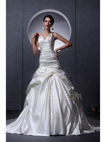 Атласная v-образным вырезом суд поезд бальное платье свадебное платье с рюшами