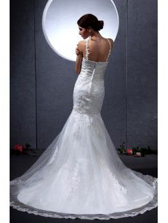 Lace and Satin Jewel Chapel Train Mermaid Wedding Dress with Embroidered
