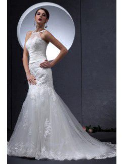 Lace and Satin Jewel Chapel Train Mermaid Wedding Dress with Embroidered