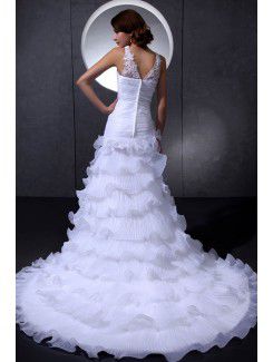 Organza and Lace V-Neckline Cathedral Train A-Line Wedding Dress with Embroidered
