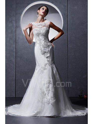 Satin and Tulle Jewel Chapel Train Mermaid Wedding Dress with Embroidered
