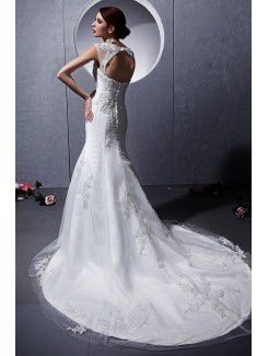 Satin and Tulle Jewel Chapel Train Mermaid Wedding Dress with Embroidered