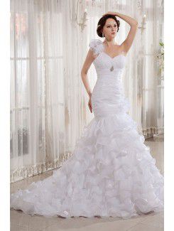 Organza One-Shoulder Court Train Mermaid Wedding Dress with Embroidered and Ruffle