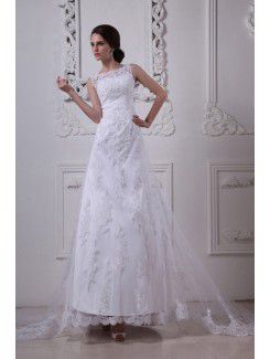 Satin and Lace Bateau Sweep Train A-Line Wedding Dress with Embroidered