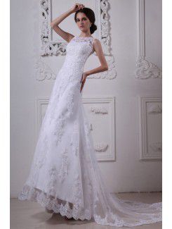 Satin and Lace Bateau Sweep Train A-Line Wedding Dress with Embroidered